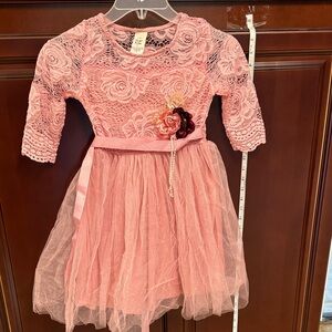 Flower girl dress 3/4 Sleeve Lace Kids Dress Rose Pink size 6 Christmas winter